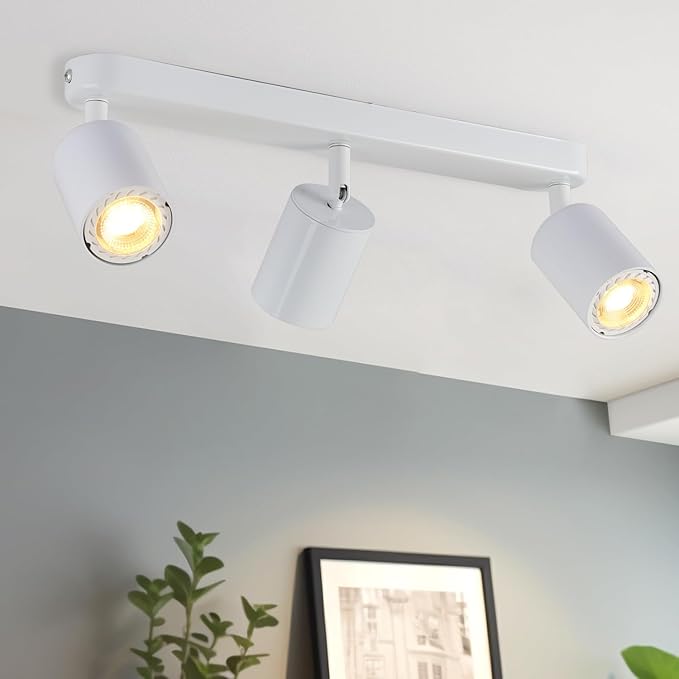 3 Way Track Lighting Kit Flexibly Rotatable Track Light Ceiling Kitchen LED Ceiling spot Light for Bedroom, Picture Wall, Hallway, Office, Bar, GU10 Socket (White-3)
