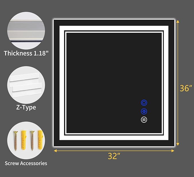 36"x32" LED Bathroom Mirror with Anti-Fog, Stepless Dimmable Lights, 3 Color Modes, Shatter-Proof Tempered Glass,Waterproof Design