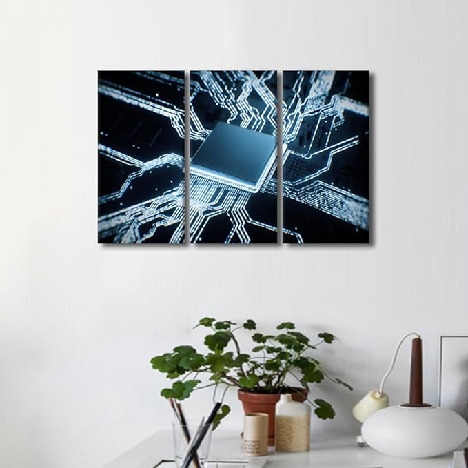 Semiconductor Chip Wall Art for Living Room Decor Circuit Boards Pictures Canvas Print Chip Artwork 3 Pieces Black Framed Art Prints Giclee Gallery-wrapped Posters Framed Ready to Hang, 36" Wx24 H