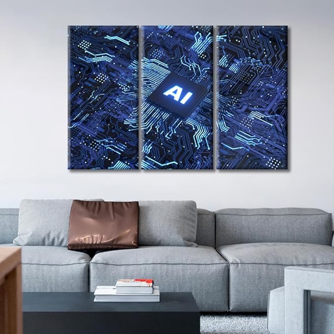 3 Pieces Chip Canvas Wall Art for Bedroom Artificial Intelligence Concept Wall Paintings for Living Room Virtual Network Office Modern Wall Art Pictures Print on Canvas Framed Ready to Hang (42"Wx28"H)