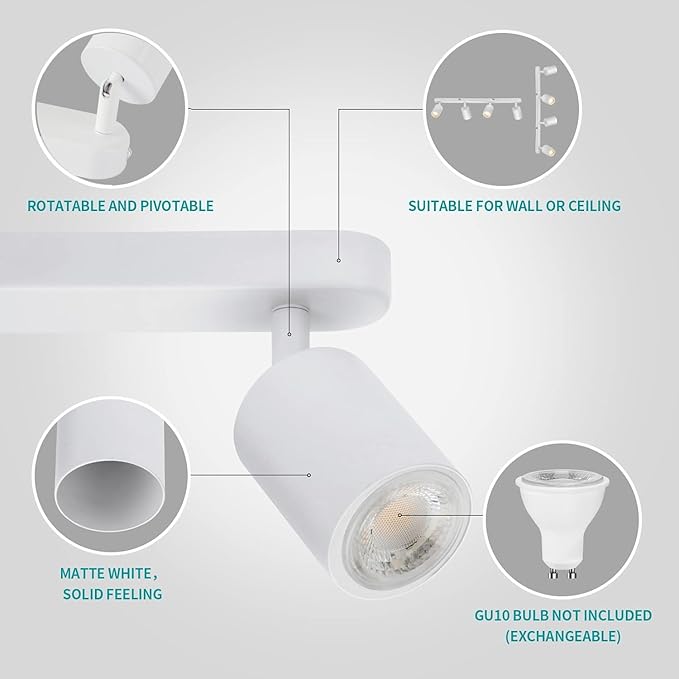 kitchen track lighting, ceiling light fixtures ceiling mount, picture lights for wall bedroom, LED spotlight indoor, Flexibly Rotatable Light Head for entryway hallway GU10 Bulb (White-4 Light)