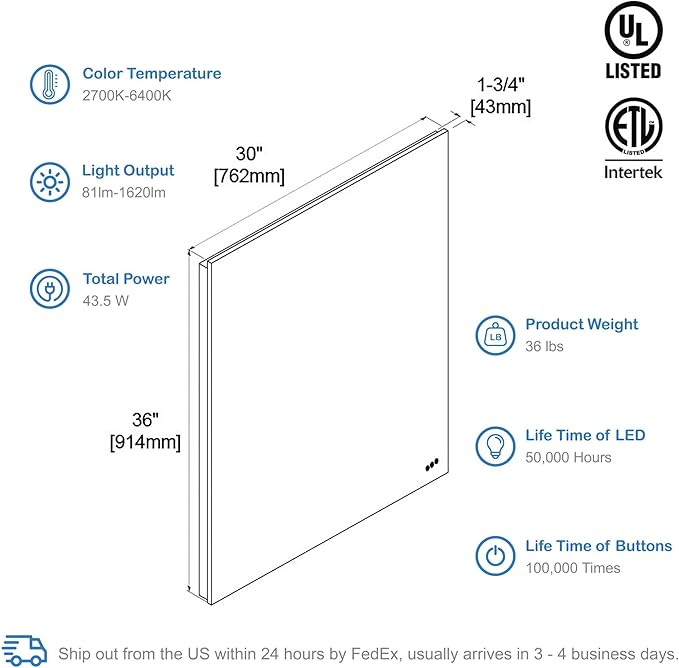 Blossom 30"X36" LED Bathroom Mirror with Lights, Front Lit and Backlight, Stepless Dimmable, Anti-Fog, Shatter-Proof Tempered Glass, Memory, 3 Colors Lighting Bathroom Mirrors for Vanity