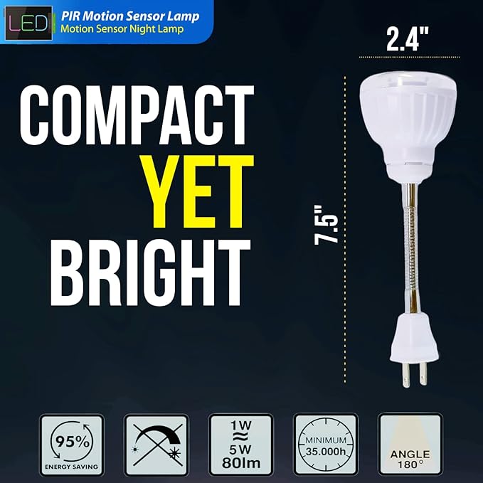 LED Motion-Activated Sensor Dusk to Dawn PIR Night Light AC Outlet Directional Flexible Rotatable 360 Socket Plug-in Wall Stairs Lamp Indoor Closet Cabinet Toilet Garage Ceiling Basement 3W 6500K