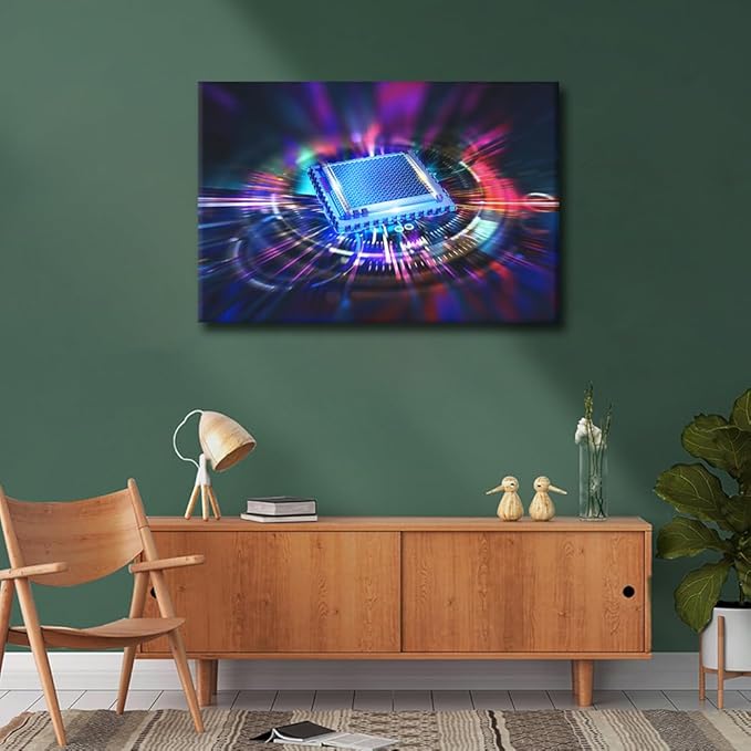 TUMOVO 1 Panel Canvas Painting House Decoration Circuit Board Wall Art CPU Concept Home Decor for Living Room Bedroom Glowing CPU Poster Pictures Modern Office Wall Décor (36x24in)