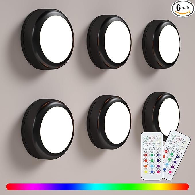 LED Puck Lights with Remote, 13-Color Under Cabinet Lighting Wireless, Battery Operated Stick-On Lights, Dimmable Push Light for Closet/Shelf/Wall (Black-6 Pack)