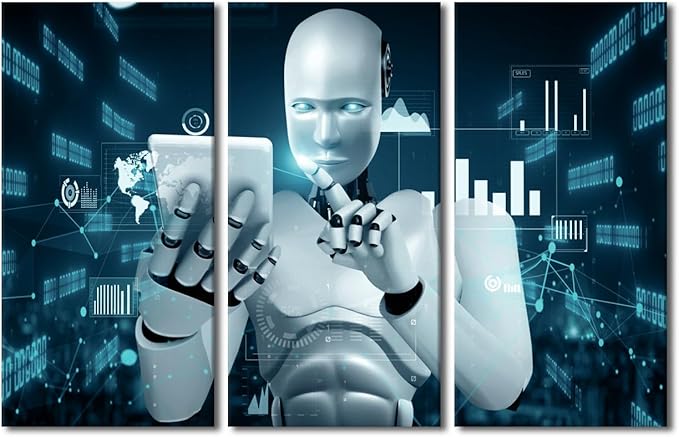 Banquet Art Prints for Wall Decor 3 Pieces Framed Wall Art AI Intelligence Modern Artwork for Home Walls Robot Canvas Prints Room Wall Decor Framed Ready to Hang Posters, 60" Wx40 H