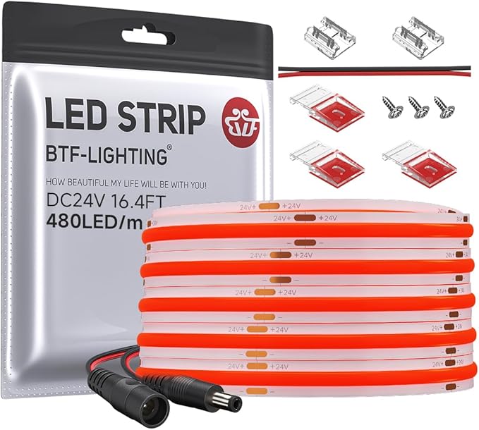 BTF-LIGHTING FCOB COB LED Strip Red Color 480LED/m 16.4FT DC24V Flexible High Density Uniform Light 8mm Width Bright Dimmable for Home Indoor Decor(No Adapter or Controller)