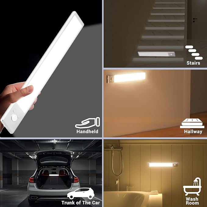 Under Cabinet Lights, 88 LED Motion Sensor Light, 2200mAh USB Rechargeable, Magnetic Dimmable Closet Lights, 3 Color Temperature, 2 Pack for Kitchen, Stairs, Closet (12inch-2Pack)