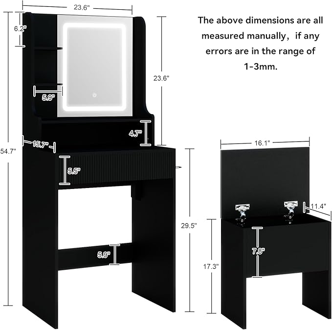 YOURLITE Fluted Makeup Vanity Desk with Mirror and Lights, 24" Small Vanity Table Set with LED Mirror & Stool, Dressing Table for Bedroom