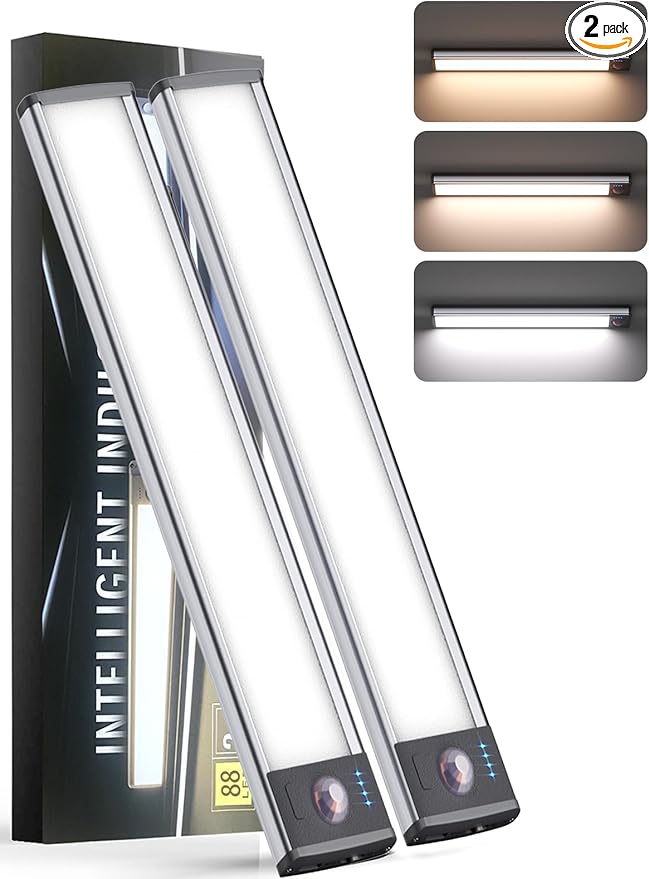 Under Cabinet Lighting（2 Pack）,Long Endurance Rechargeable Battery 88 LED 3 Color Lights, Motion Sensor Light Indoor, Dimmable Night Light, Closet Lights for Kitchen Wireless,Stick-On Cabinet Lights.