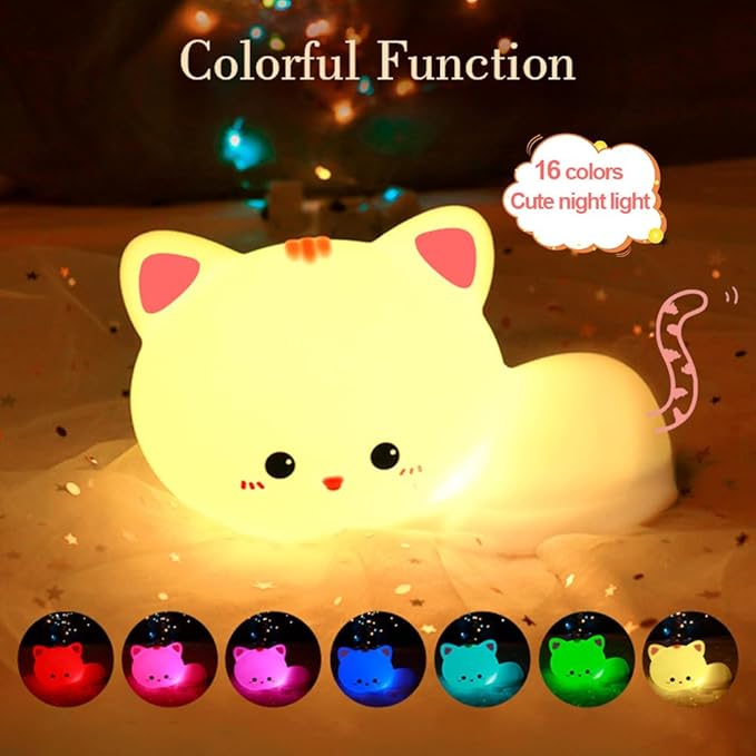 Led Cute Cat Night Light, 16 Colors Dimmable Nursery Kawaii Nightlight, Super Squishy Silicone USB Rechargeable Remote Control Night Lamp for Kids Adults, Used for Camping Party Room Decor