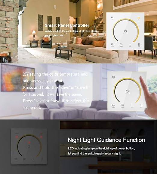 AMKI LED Wall Switch Dimmer,LED Controller,Wall- Mounted Plastic Cover Touch Panel Switch for DC12V-24V 3528 2835 5050 Single Color LED Strip Lighting(Color Temperature)