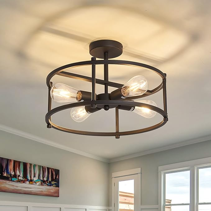 Industrial Semi Flush Mount Ceiling Light,4 Light Rustic Metal Ceiling Light Fixture,Black Farmhouse Chandelier for Kitchen Island Dining Room Hallway Entryway Bedroom Living Room.