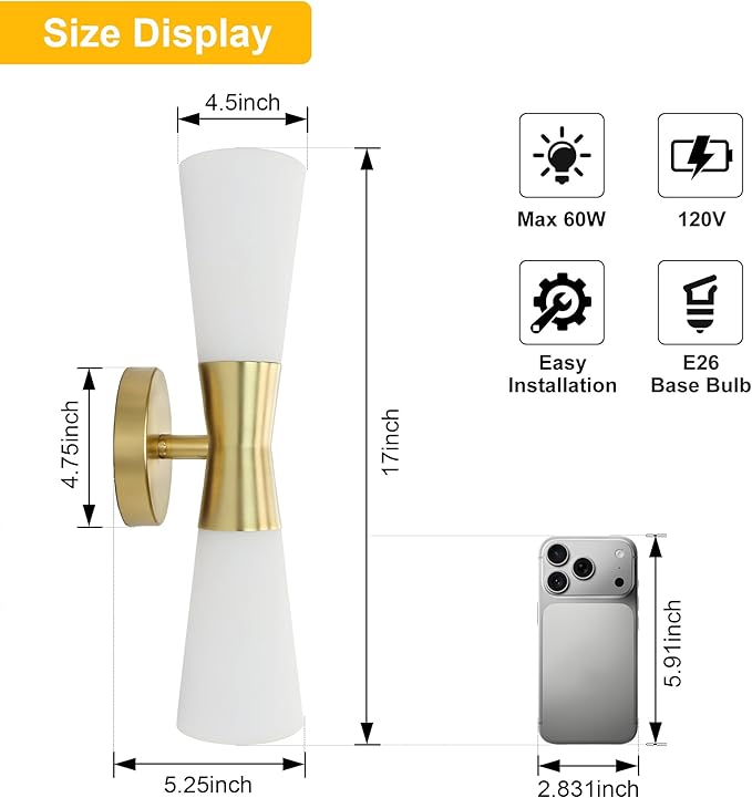 Wall Sconces Set of 2 for Bathroom, Modern Indoor Vanity Light Fixtures 17", Up Down Lighting, Wall Mount Lamp for Living Room Bedroom Hallway Stairway Fireplace Mirror E26 Base 2PC White&Gold