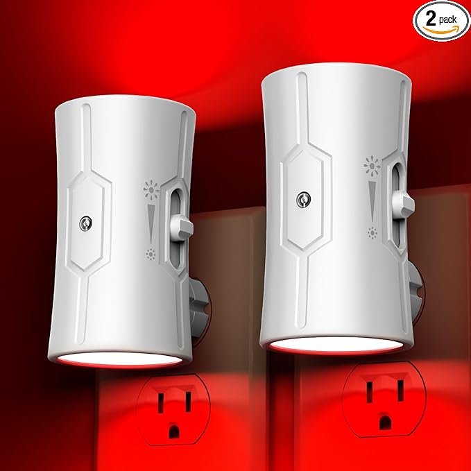 Night Light, Night Lights Plug into Wall [2 Pack], 0-100LM Adjustable Brightness Light Sensor Nightlights Plug in Wall for Hallway, Bathroom, Adults, Red Led Nightlight