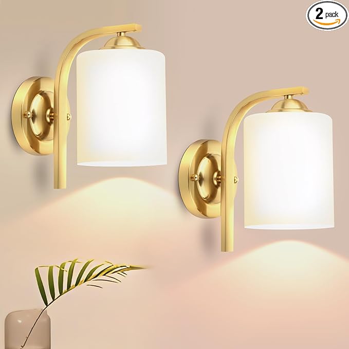 CANMEIJIA Gold Wall Light Fixtures, Wall Sconce 2 Light, Gold Wall Lamp Bathroom Vanity Lightting for Mirror Bedroom Hallway Kitchen Porch, Milky White Glass Shades, E26 Socket, Bulbs Not Included