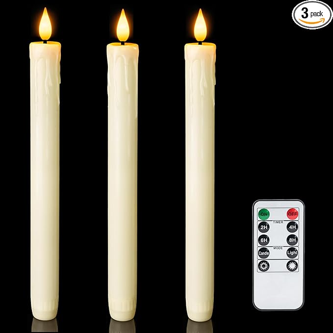 Homemory 3 Pcs Real Wax Flameless Taper Candles with Remote Timer and Dimmer, Battery Operated Candlesticks with Flickering Light, Ivory Window Candles, 9.6 Inches for for Wedding Home Decor