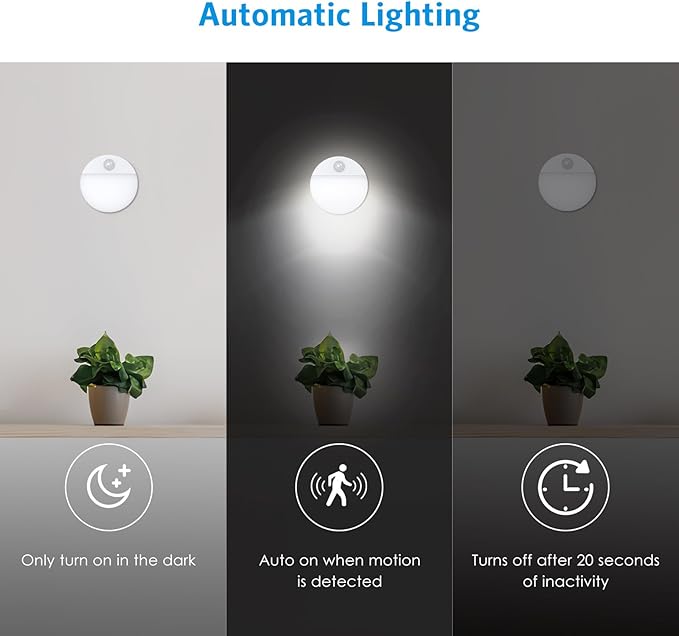 AMIR Upgraded Mini Motion Sensor Light Battery-Powered, Cordless Stick-on LED Night Light, Wall Light, Closet Lights, Safe Lights for Stairs, Hallway, Bathroom, Kitchen, Cabinet (Pack of 4 - White)