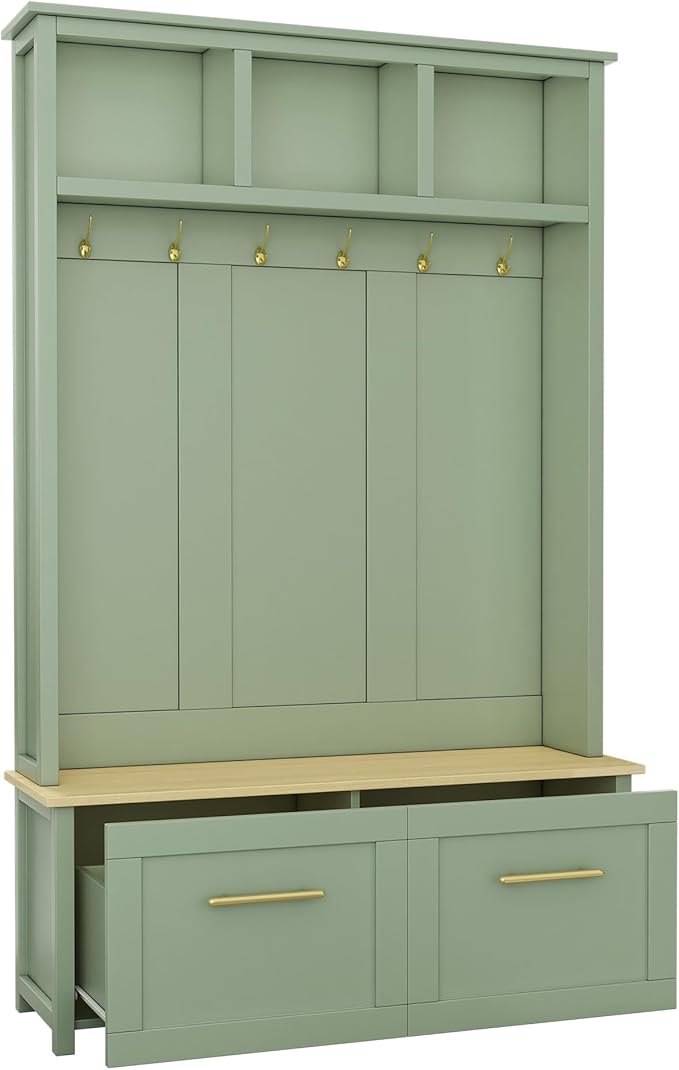 Merax Versatile 4-in-1 Hall Tree with 6 Golden Hooks, Wood Grain Bench with Multiple Storage Space, Entryway Coat Rack with 2 Drawers for Living Room, Hallway, Mint Green
