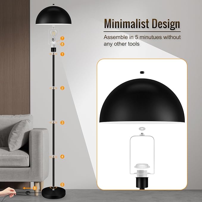 Modern Floor Lamps for Living Room, Black Metal Mushroom Lamp, 66" Tall Corner Lamp, Footswitch, Bright Industrial Standing Lamps for Bedroom Nursery, Mid Century Modern Home Decor(E26 Base, NO BULB)
