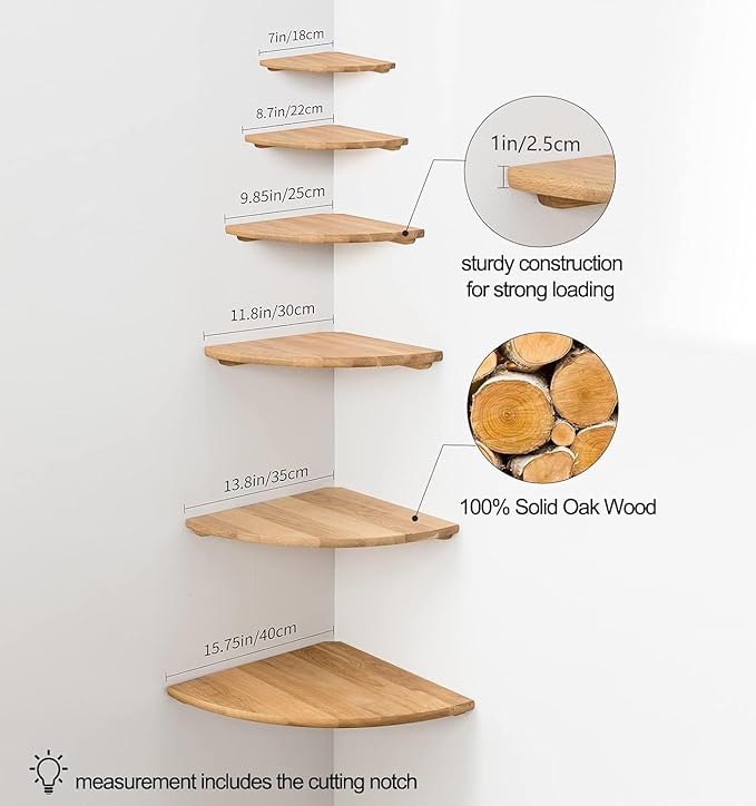 Corner Shelf, 7inch Solid Oak Wood Floating Corner Shelf Wall Mount Round End Floating Speaker Shelves with Wire Hole for Small Plant Photo Frame for Bedroom Kitchen, Living Room | Wire Hole, Small Plant, Photo Frame, Bedroom, Kitchen, Living Room
