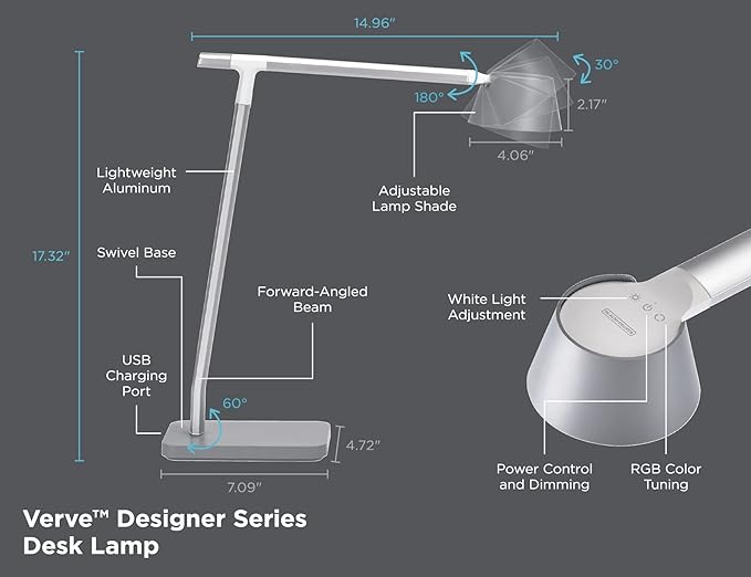BLACK+DECKER Verve Designer Desk Lamp with USB Charging Port, True White LED + 16M RGB Colors