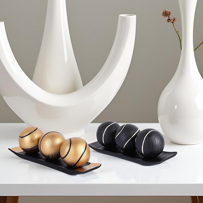 XMGZQ Small Decorative Tray and Orbs Balls Set,Gold Decorative Balls with Centerpiece Bowls for CoffeeTable,Living Room,TV Stand,Center Pieces Decoration for Table,Centro de Mesa de Comedor (Black)
