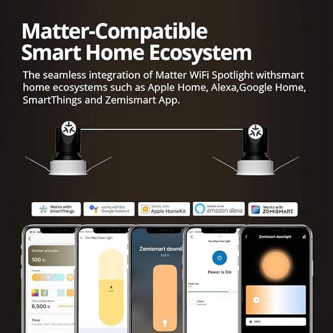 Matter WiFi LED Recessed Downlight 12W, Dimmable Anti-Glare Ceiling Light, Adjustable Angle Downlight, Works with Alexa, Google Home, Siri, SmartThings, App Control (36 Degree Beam Angle)