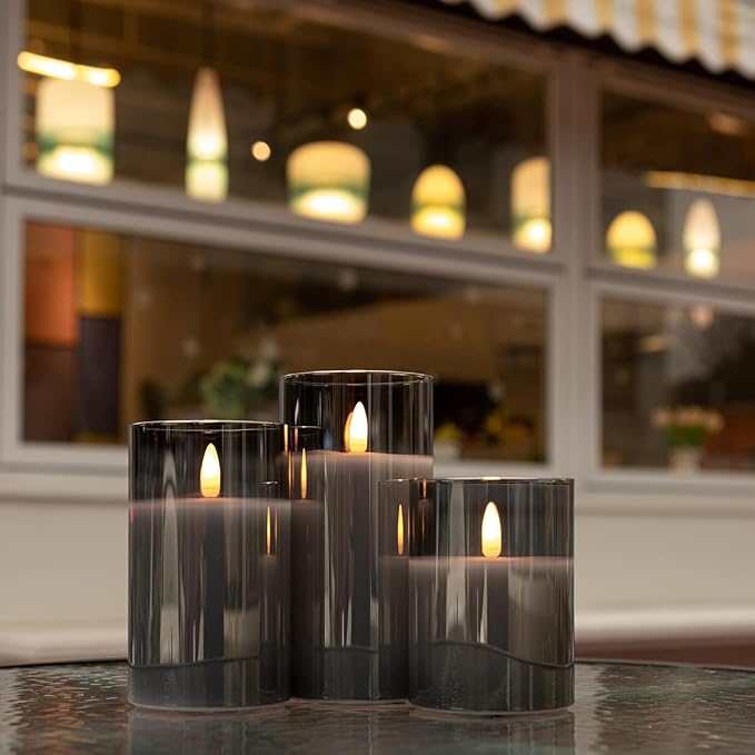 Grey Glass Flameless Candles with Timer - Battery Operated Candles with 10-Key Remote, Real Wax LED Flickering Pillar Candles for Home Decoration, D3 H 4" 5" 6", Set of 3