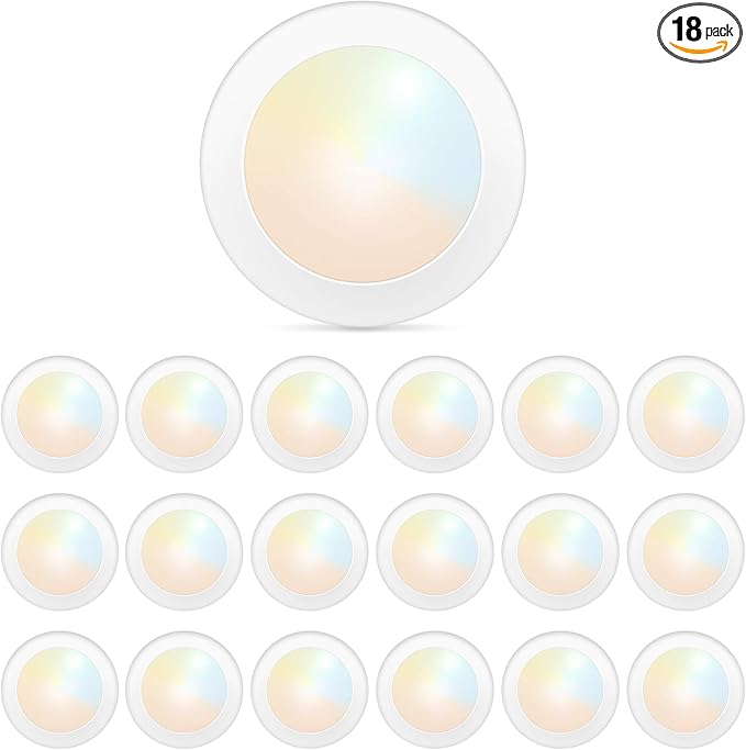 18-Pack 6 Inch Disk Lights, 2700K-5000K Adjustable, 16W, 1050LM, CRI 90+, Dimmable 10%-100%, Wet Rated, Surface Mount LED Ceiling Light for Bathroom Kitchen, ETL Listed