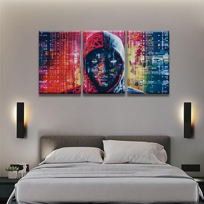 LSIUHWUWI Wall Decor 3 Panels Modern Wall Art Hacker in Mask on Dark Background with Digital Effects Pictures Print on Canvas for Home Wall Decorations, Ready to Hang, 16x24inchx3