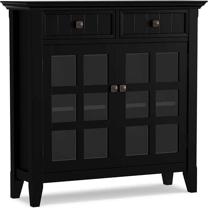 SIMPLIHOME Acadian Solid Wood 48 inch Wide Storage Bench that Seats 2 and 36 inch Wide Storage Cabinet in Black for the Living Room, Entryway, and Family Room, Transitional Style