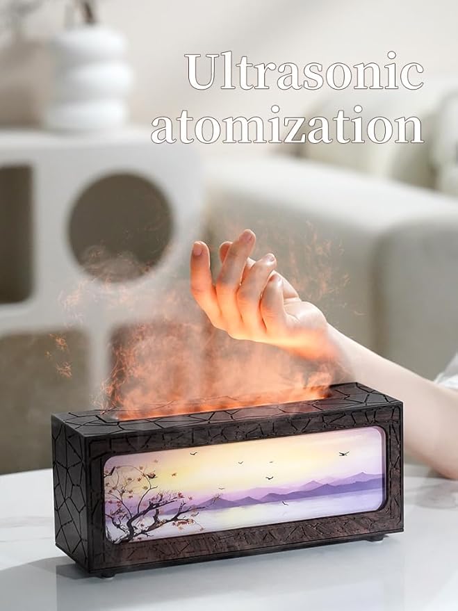 Essential Oil Diffusers Ultrasonic Fireplace Flame Aromatherapy Diffuser, Auto Shut-Off, Timer Setting, 7 Colors LED Lights Changing for Home, Office, Spa 200ml (Wood Grain)