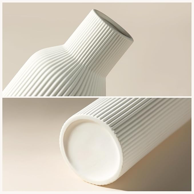 White Ceramic Vases Set of 3 - Modern Matte Ribbed Vases for Pampas Grass & Dried Flowers - Minimalist Decorative Centerpieces for Living Room, Shelf, Entryway & Wedding