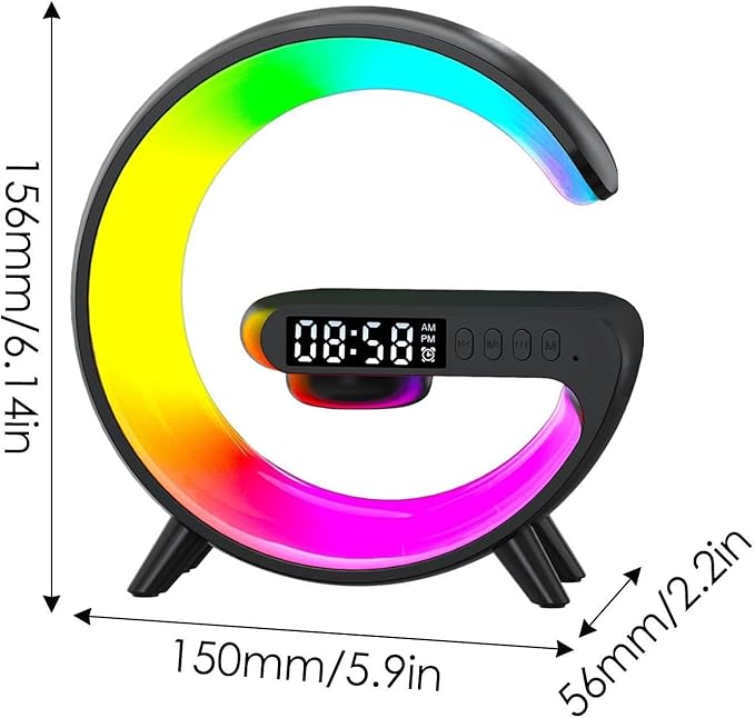 LED Table Lamp with Wireless Charger, G Shaped Night Light Lamp with Bluetooth Speaker, Sunrise Alarm Clock, Smart Mini Atmosphere Lamp for Bedroom, Office, Living Area (Black)