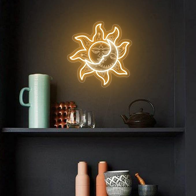 Sun Moon Neon Sign - Retro Vintage Funny Psychedelic Mystic Burning Led Neon Light, Handmade Aesthetic 3D Engraving Night Lamp for Wall Decor Bedroom Birthday Gift Home Party - 15''