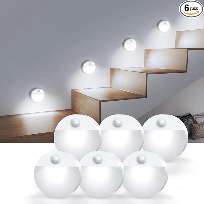 AMIR Upgraded Mini Motion Sensor Light Battery-Powered, Cordless Stick-on LED Night Light, Wall Light, Closet Lights, Safe Lights for Stairs, Hallway, Bathroom, Kitchen, Cabinet (Pack of 6 - White)