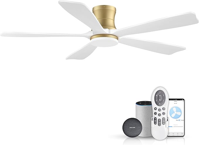 52 Inch Wood Smart Low Profile Ceiling Fans with Lights Remote,Control via WIFI Alexa Google App,6 Speed,Quiet DC Motor,Flush Mount Outdoor Indoor Ceiling Fan for Modern Bedroom Patio Porch,Gold White
