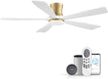 52 Inch Wood Smart Low Profile Ceiling Fans with Lights Remote,Control via WIFI Alexa Google App,6 Speed,Quiet DC Motor,Flush Mount Outdoor Indoor Ceiling Fan for Modern Bedroom Patio Porch,Gold White