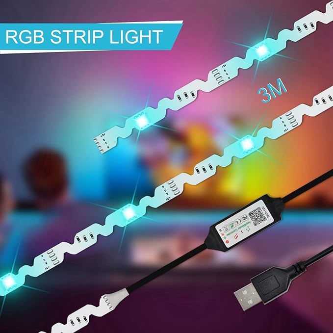 TV Backlight, RGB LED Strip Lights for PC Computer,9.8ft/3m Behind TV Bias Lighting,Music Sync & Timer Function,Dual Control,USB Powered,Gaming Room, Home Theatre Decor