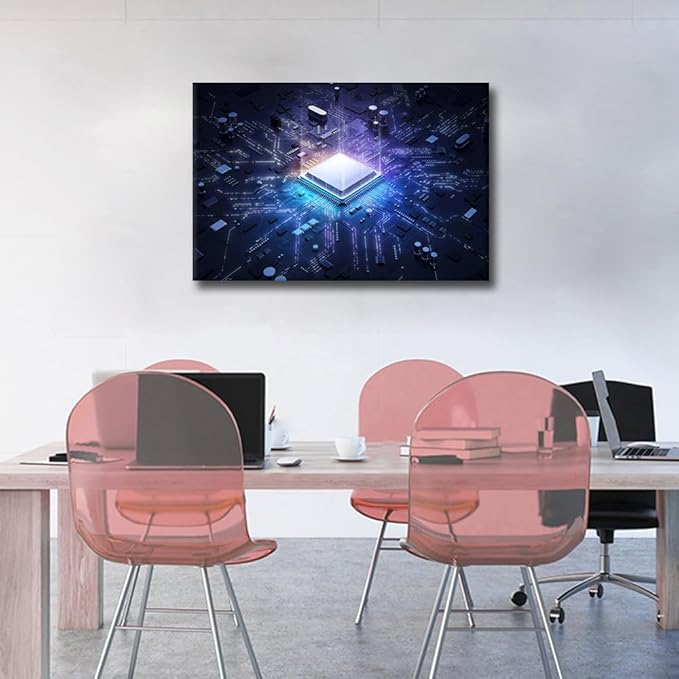 TUMOVO Wall Decor CPU Concept Canvas Wall Art Glowing CPU Modern Artwork for Office AI Picture Print on Canvas Wall Decorations Framed Ready to Hang for Living Bedroom Home, 24x16in