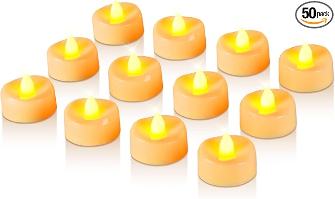 Raycare 50 Pack LED Tea Lights Battery Operated, 200+Hour Flickering Votive Candles, Realistic Fake Flameless TeaLights for Wedding Party Halloween Thanksgiving Christmas Decorations,Ivory Base
