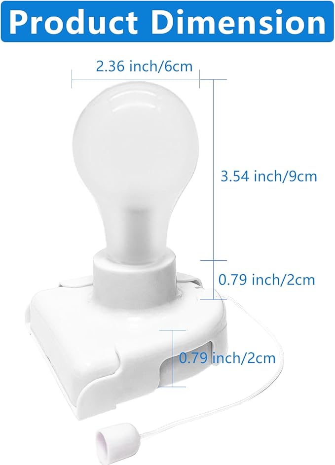 4 Pack Battery Operated Light Bulb, Stick-Up Battery Powered Wireless LED Closet Light Bulb, Self Adhesive Wall Light Fixture with Pull Chain for Cabinet Bedroom Kitchen, 3000K Warm White