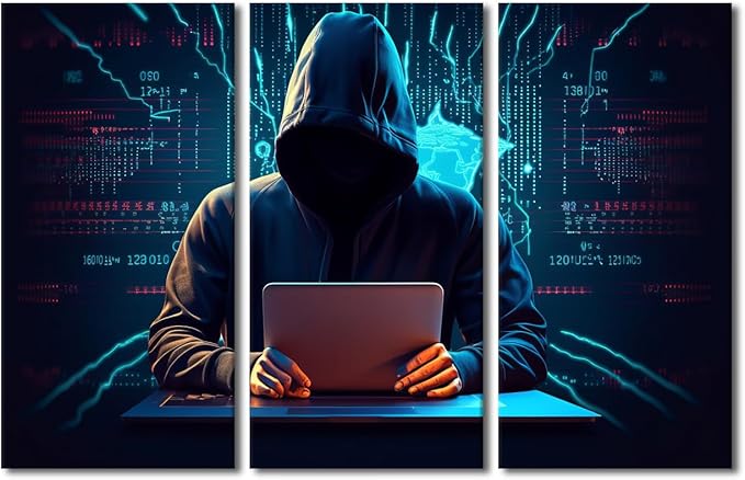 Hacker Wall Art - Hacker Malware Picture Prints on Canvas Big Data Painting Giclee Artwork for Home Decor 3 Pieces Framed Wall Art Canvas Prints Ready to Hang Posters, 42" Wx28 H