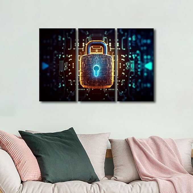 TUMOVO 3 Panel Wall Paintings for Living Room, Padlock with a Glowing Light at the Top Cybercrime Concept Posters and Prints for Home Office Wall Decorations, Framed Ready to Hang, 36" Wx24 H