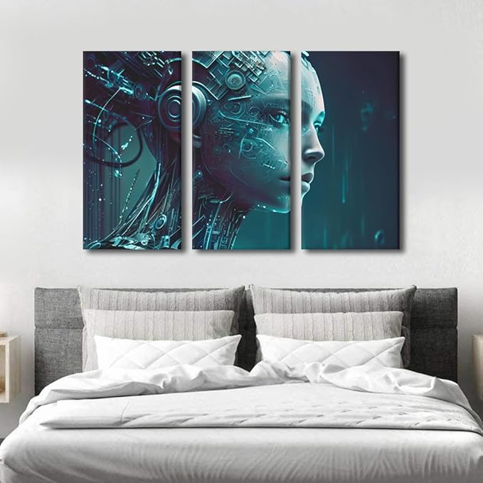 Binary Code Wall Art 3 Panel Artificial Intelligence Pictures Female Robot Wall Art Modern Artwork Home Wall Decor for Living Room Framed Gallery-Wrapped Ready to Hang, 42" Wx28 H