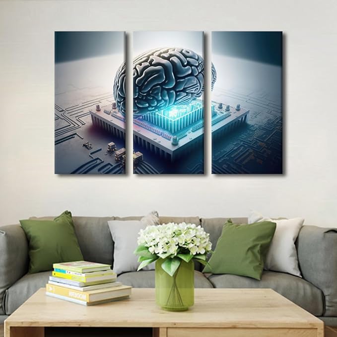 TUMOVO 3 Panel Bedroom Wall Art Modern Canvas Print Wall Art Kit AI Pictures Posters Future Technology Artwork for Living Room Bedroom Decoration Stretched Framed Ready to Hang, 42" Wx28 H