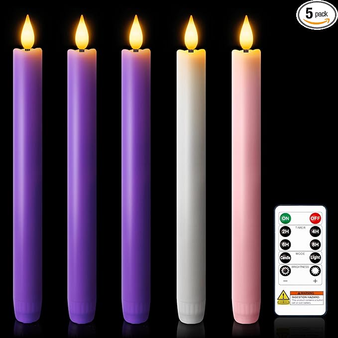 LED Advent Candles Set of 5, Flameless Taper Candles with Remote, Battery Operated Taper Candlestick Flickering, 3 Purple, 1 Pink, 1 White for Christmas Wreath