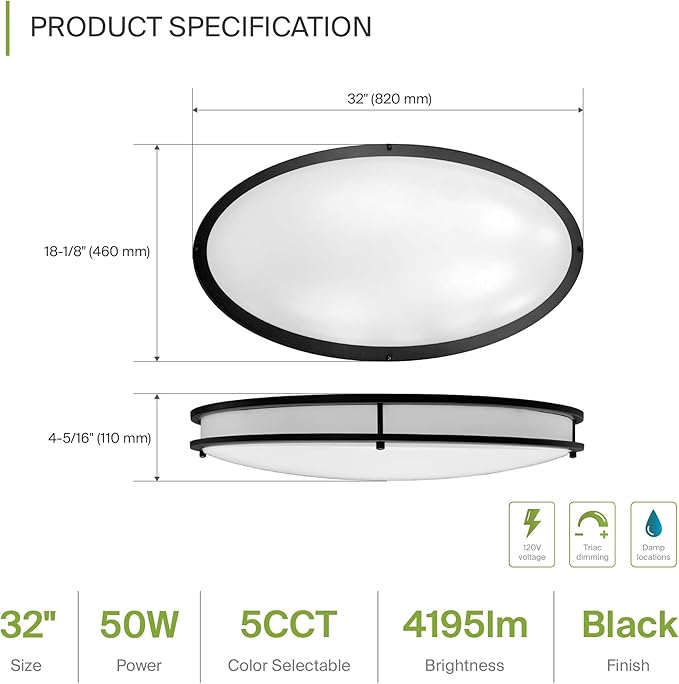 ASD LED 32" Oval Flush Mount Lighting, Close to Ceiling Light Fixture | 5CCT, Dimmable, ETL Listed | 50W 4195LM 2700-5000K 120V | Low Profile Double Ring Lamp | Black, 2 Pack