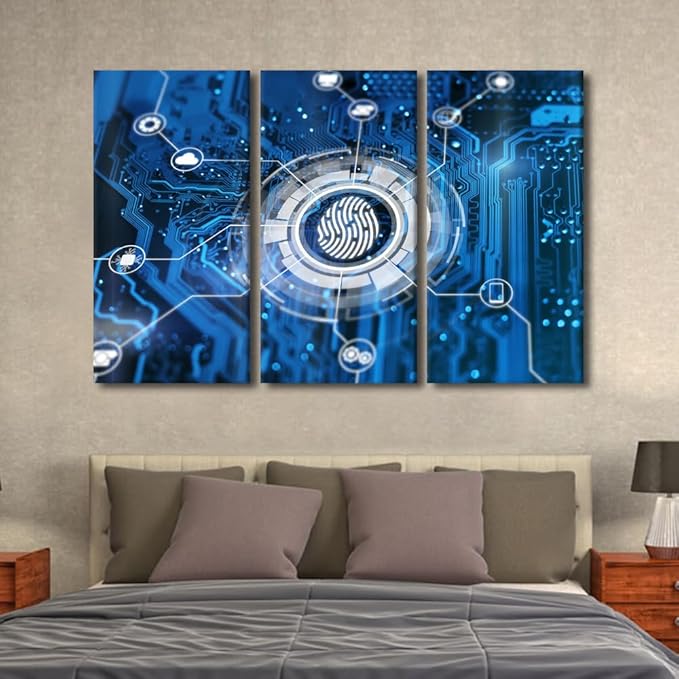 Framed Wall Art Concept Wall Art 3 Panels Fingerprint Login Authorization and Cyber Security Concept Pictures Print on Canvas for Bedroom Decoration, Ready to Hang, 60" Wx40 H